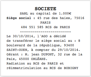 annonce légale transfert de siège social dans le même département
