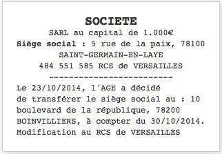 Annonce légale transfert de siège social même département